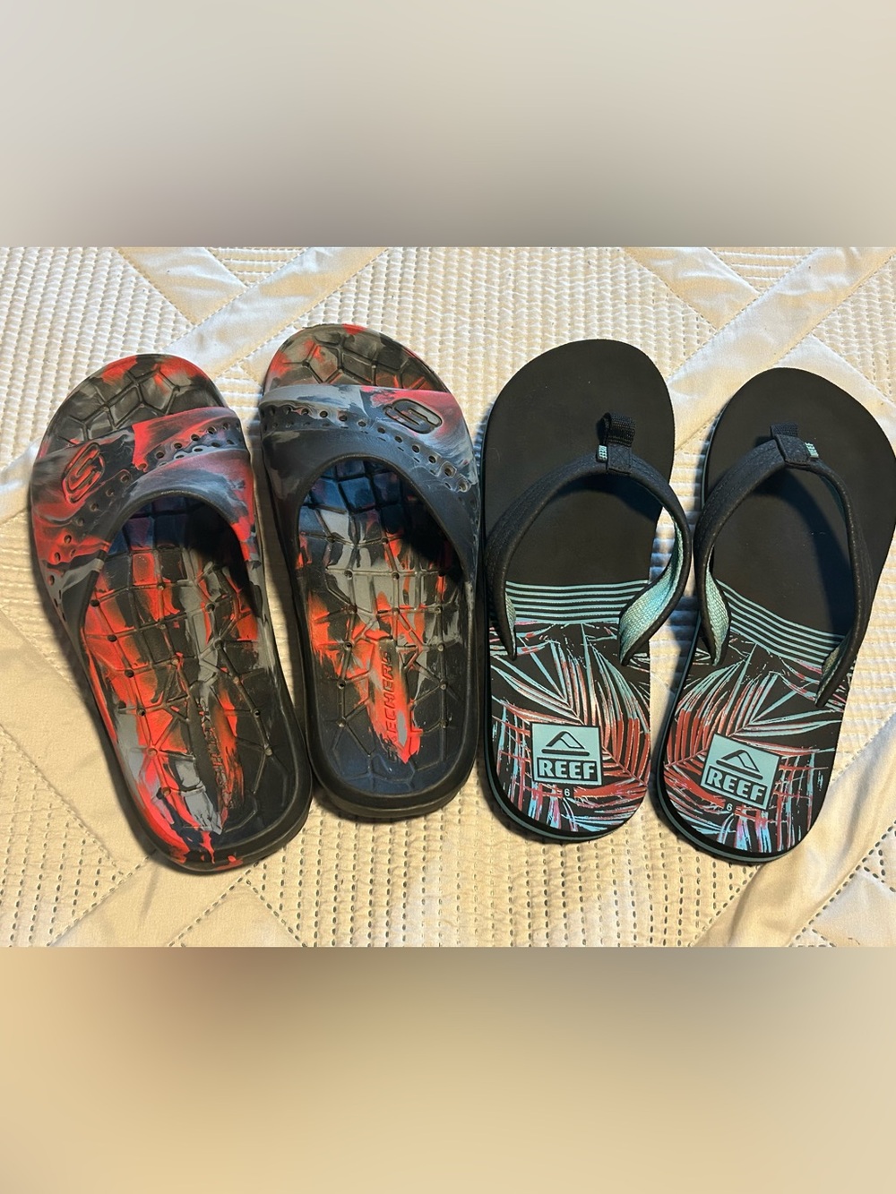 2 Pairs - Youth Size 6 - Slides & Flip Flops - Reef & Skechers